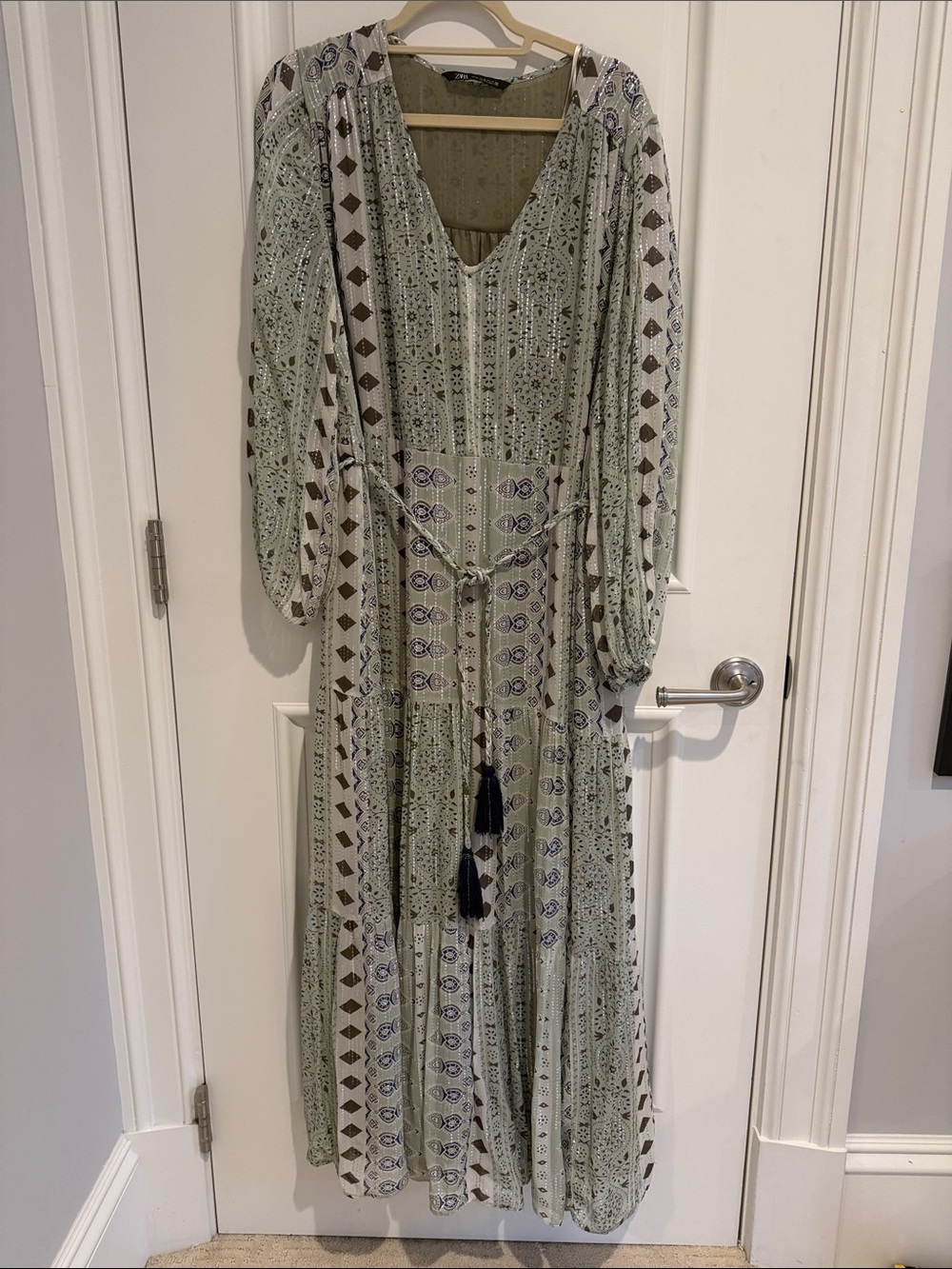 Zara Light Sage Printed Maxi Dress with Tassel Tie